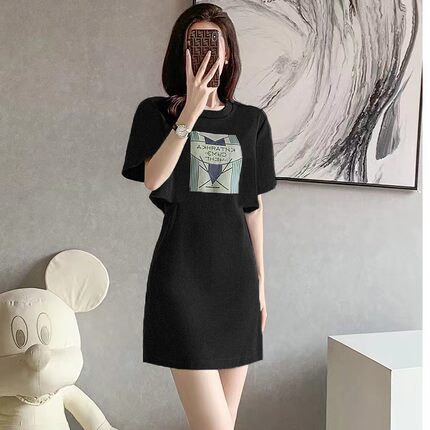 短袖连衣裙女夏季2026新款遮肉小个子收腰不规则T恤裙包臀短裙子