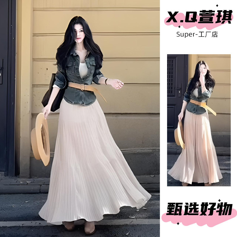 高级感明媚大女主好看穿搭长袖上衣春秋设计师同款配腰带牛仔衬衫