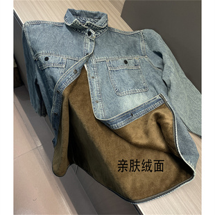 爆款港风牛仔衬衣衬衫冬季加绒加厚新款设计外套复古宽松长袖上衣