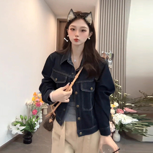 丹宁风深蓝色短款牛仔外套女2025秋韩版时尚宽松百搭夹克长袖上衣