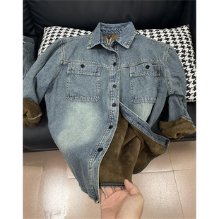 韩式复古翻领长袖牛仔衬衫女秋冬加绒加厚洋气宽松中长款百搭上衣