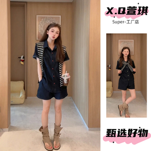 休闲深蓝色牛仔套装女夏2026新款韩版短袖衬衫高腰抽绳短裤两件套