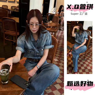 欧货翻领腰带牛仔短袖衬衫女2026春夏宽松休闲百搭显瘦洋气上衣潮