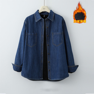 港风复古蓝色牛仔衬衫女春秋季新款加绒保暖长袖宽松叠穿上衣外套