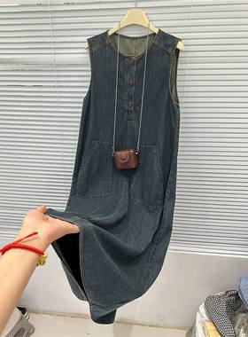 港风复古蓝色无袖背心牛仔连衣裙