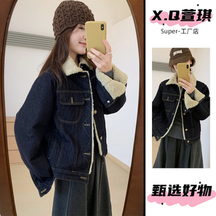 秋冬季韩版宽松牛仔棉服女翻领加绒保暖外套短款时尚百搭复古夹克