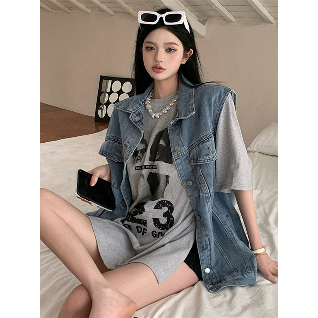 新款夏季港风复古外套女韩版中长款牛仔马甲宽松无袖坎肩上衣背心
