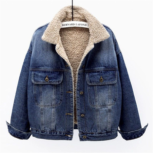 牛仔棉服女短款秋冬季装新款韩版宽松bf保暖棉衣加绒羊羔毛外套潮