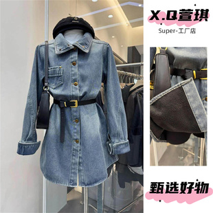 萱琪牛仔XUANQI水洗蓝加绒牛仔衬衫女外套秋冬外穿加厚配腰带衬衣