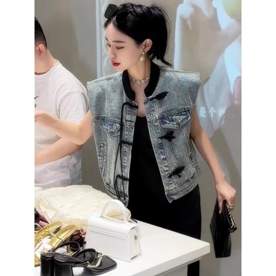 新中式国风盘扣立领牛仔马甲外套