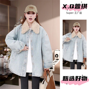 中长款浅蓝色夹棉牛仔棉服女秋冬加绒加厚保暖外套减龄妈妈装棉衣