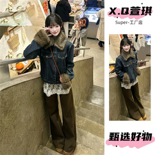 复古原色牛仔羊羔毛外套女秋冬季2025新款小个子短款毛毛棉服棉衣