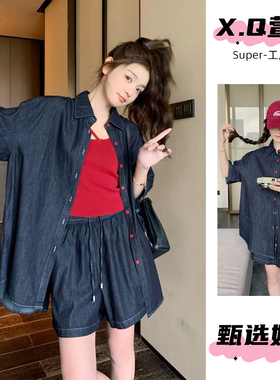 深蓝色小个子牛仔衬衫套装女夏2026新款松弛感穿搭休闲短裤两件套
