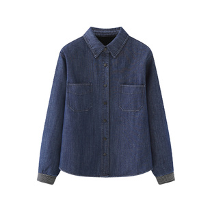 萱琪牛仔复古风加绒牛仔衬衫女长袖深蓝色保暖加厚小个子冬季上衣