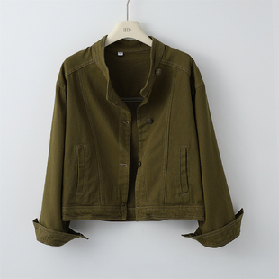 复古立领橄榄绿短款外套女春秋宽松休闲工装夹克小个子军绿色上衣