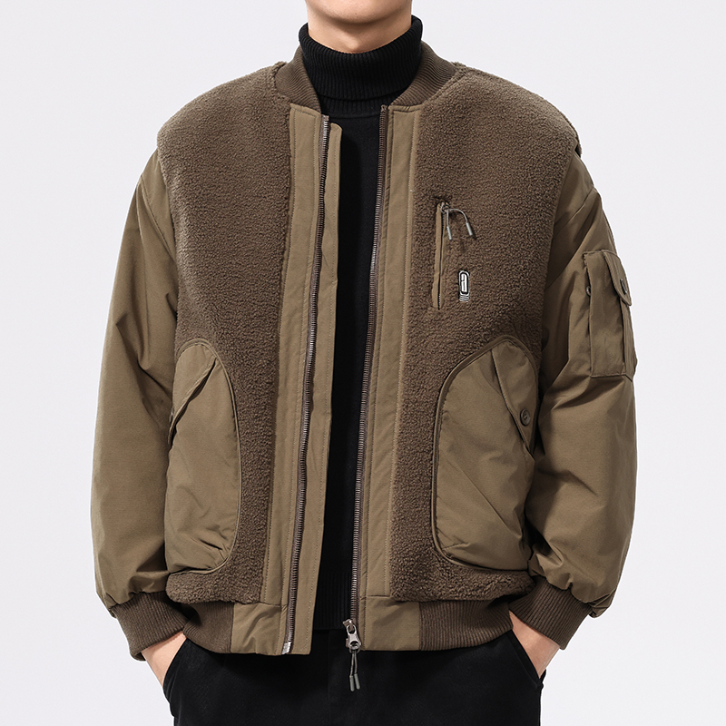 冬季宽松颗粒绒拼接棉衣外套男