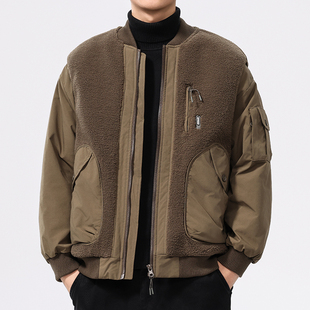 美式颗粒绒拼接棉衣外套男2024冬季工装飞行员夹克宽松保暖棉服潮