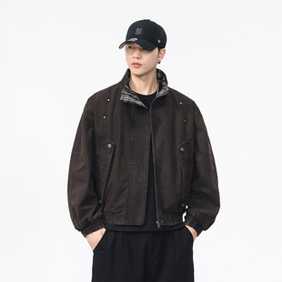 美式复古重磅纯棉水洗工装外套男2025秋季宽松休闲立领飞行员夹克