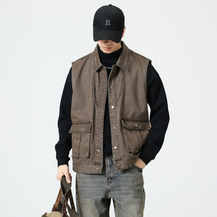 美式高端复古工装马甲男2024秋季山系户外战术宽松大码夹克外套潮