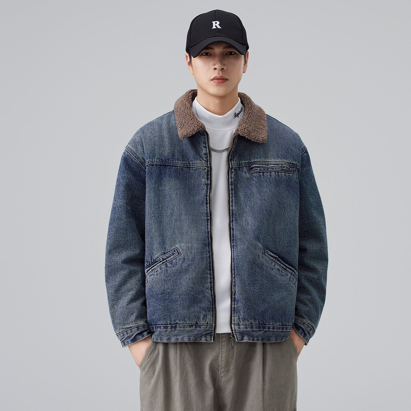 美式复古翻领羊羔绒牛仔外套男2025冬季新款加绒加厚保暖棉服夹克