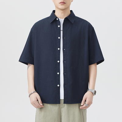 夏季20支纯棉水洗薄款短袖衬衫男