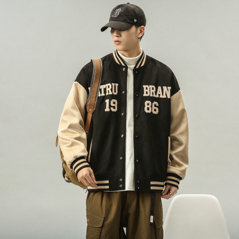 春秋宽松立领麂皮绒棒球服夹克男
