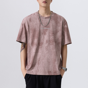 美式多巴胺粉色高级感水洗短袖t恤男2025夏季宽松纯棉圆领上衣潮