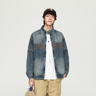 宽松嘻哈工装 夹克 复古机车立领刺绣水洗牛仔外套男2023春秋季 美式