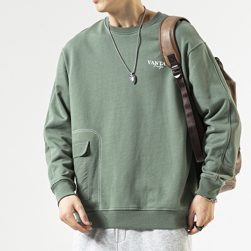 美式设计感拼接口袋加绒卫衣男2025秋冬潮牌宽松印花内搭长袖上衣