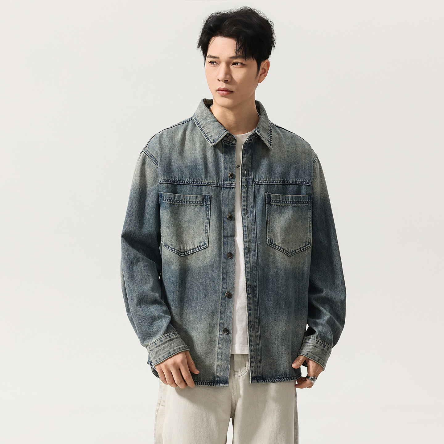 美式复古水洗做旧牛仔衬衫男2026春季新款宽松大码工装衬衣外套潮