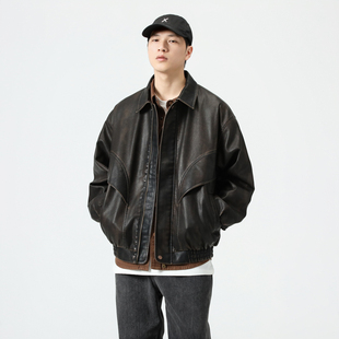 美式复古PU皮夹克外套男2024秋冬季潮牌高级感宽松痞帅机车服皮衣