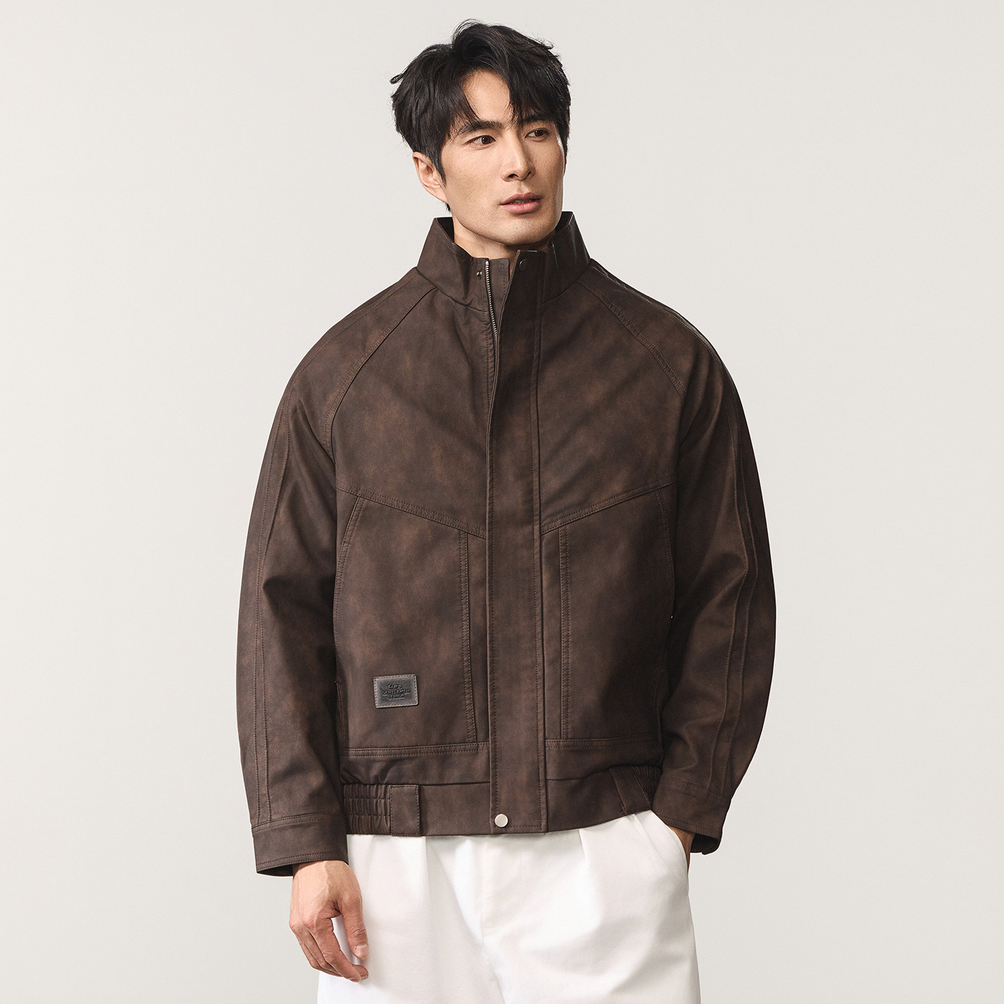 美拉德复古高端机车风立领PU皮夹克男2026秋季宽松飞行员皮衣外套