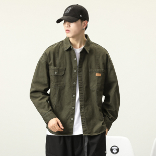 美式重磅复古工装长袖加绒衬衫男2023秋冬季宽松猎装衬衣夹克外套