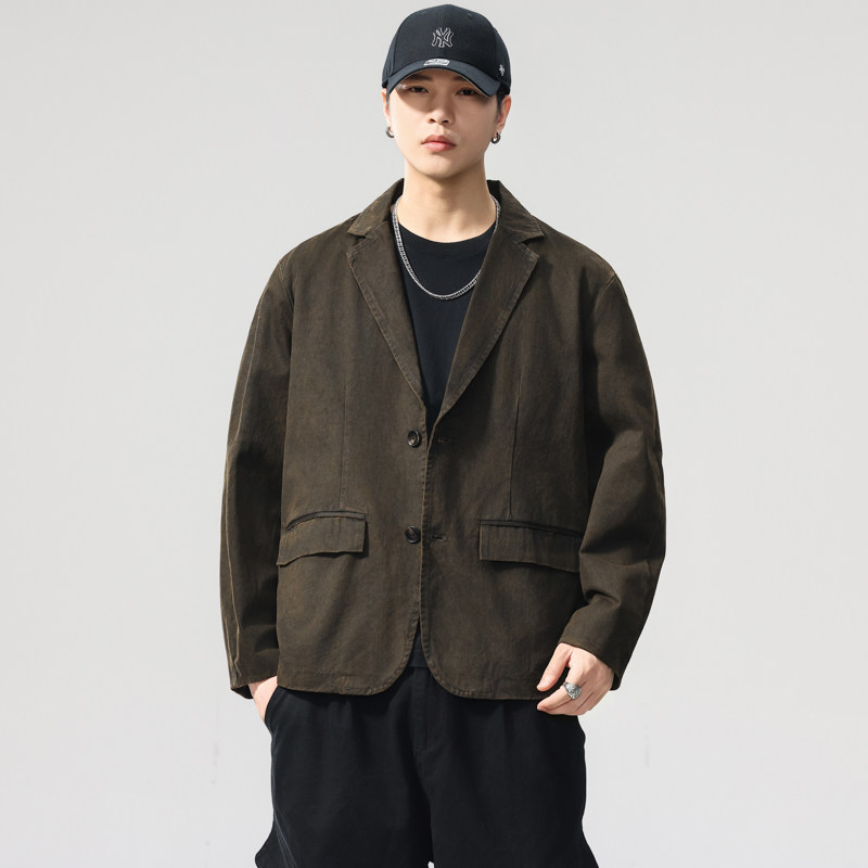 美式复古做旧平驳领西装外套男2025秋冬新款宽松通勤休闲西服夹克