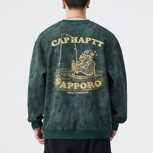 t恤 潮牌ins宽松纯棉圆领长袖 美式 重磅水洗做旧印花卫衣男2025春季