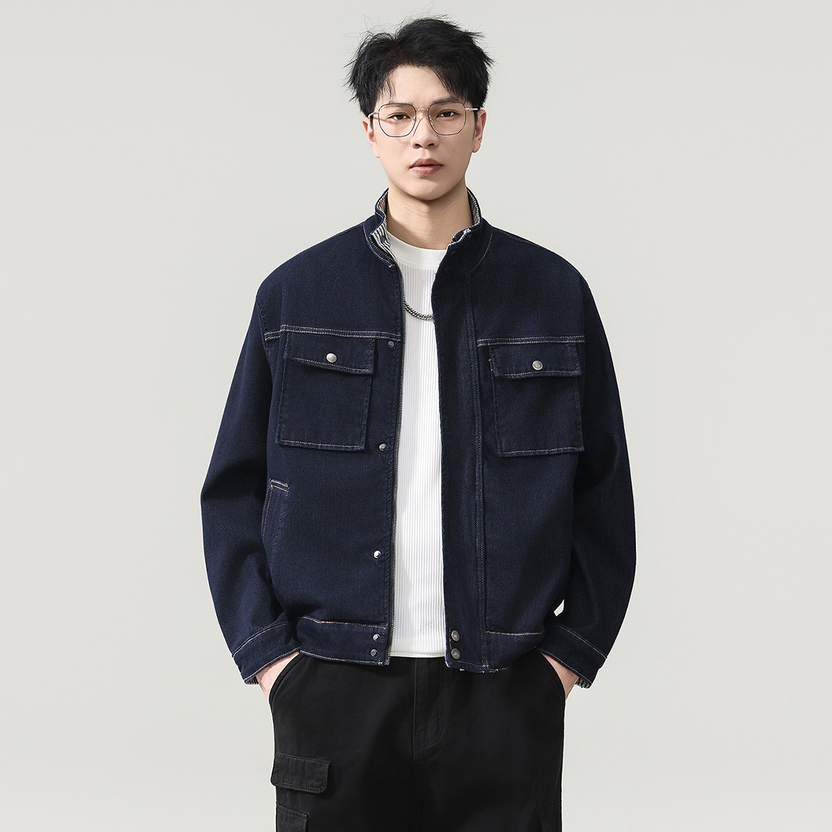 原色辑明线立领短款牛仔外套男