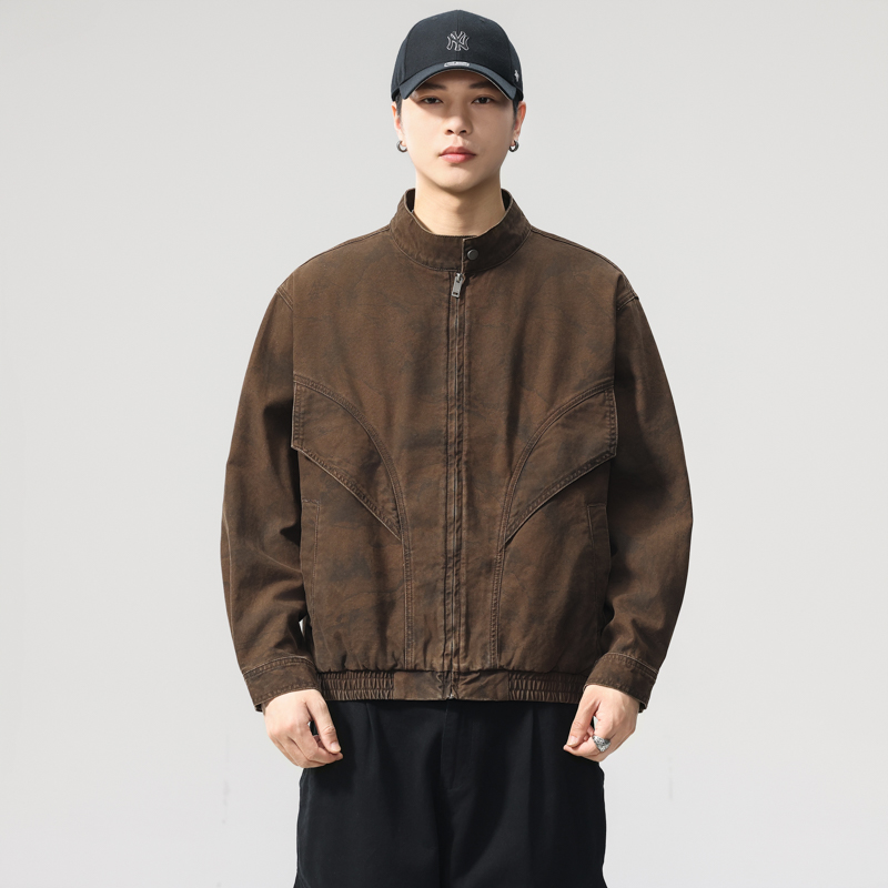 巴恩风纯棉重磅机车立领夹克男