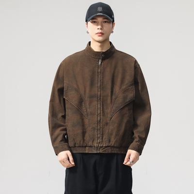 巴恩风纯棉重磅机车立领夹克男