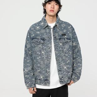 美式复古水洗提花满印牛仔外套男2025春季宽松休闲翻领工装夹克潮