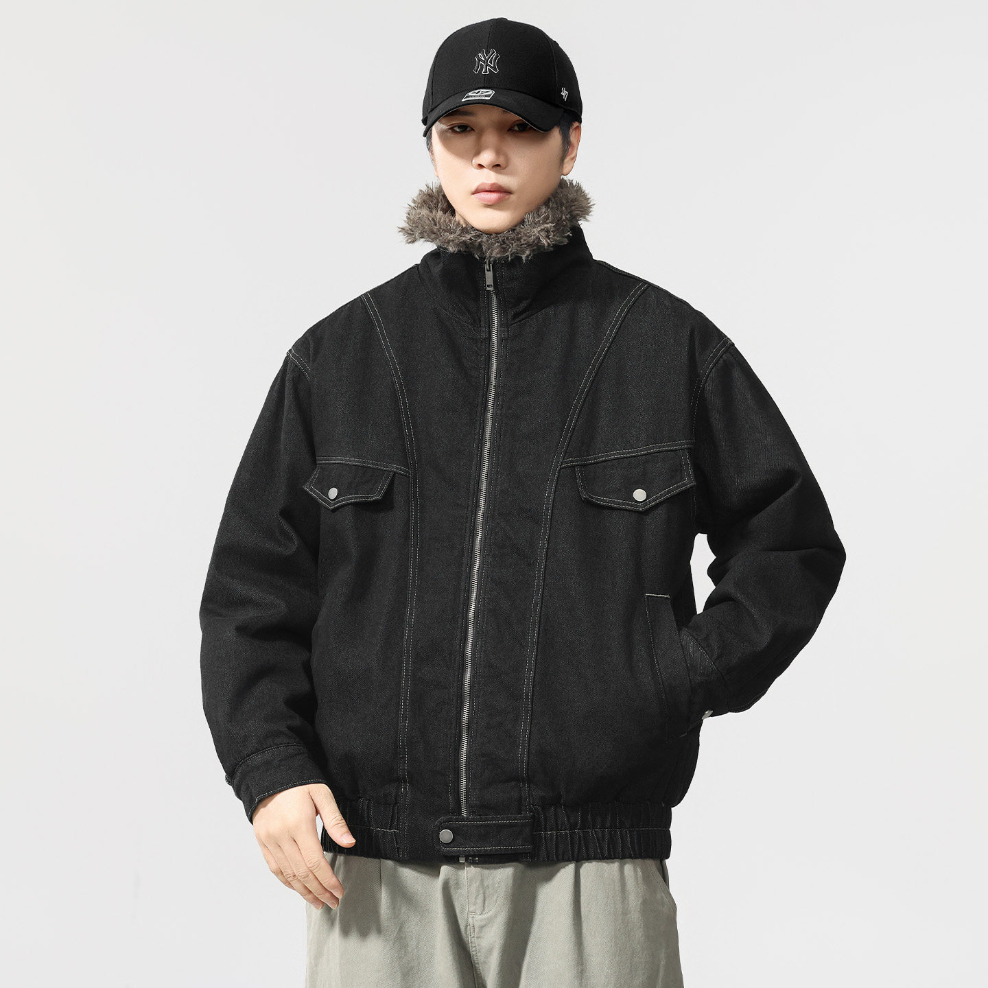 美式复古毛领保暖羊羔绒工装牛仔夹克男2025冬季加绒加厚棉服外套