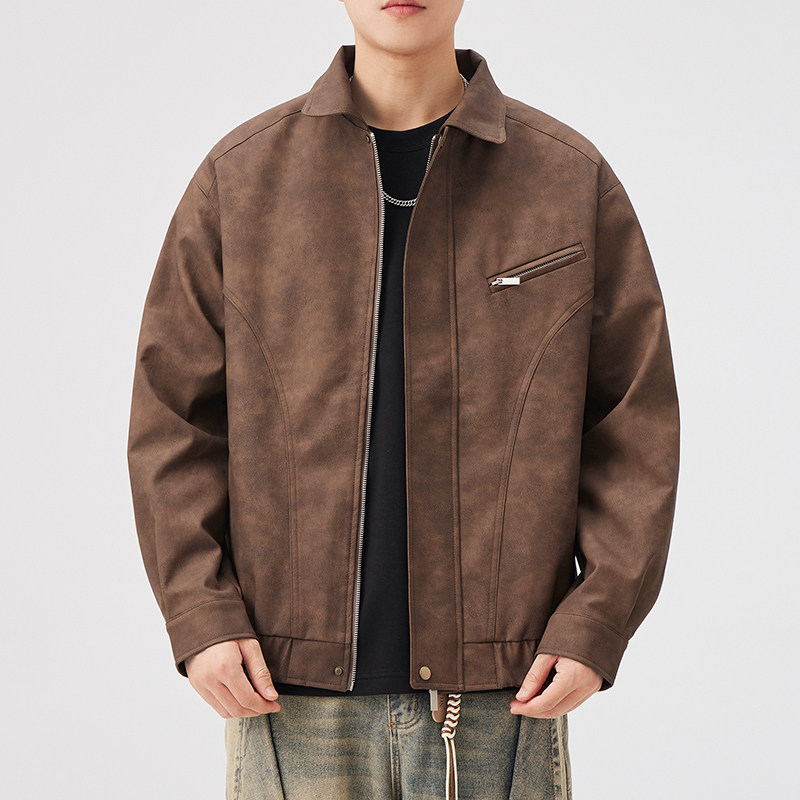 美式复古蜡染工装皮衣夹克男2025春季机车风宽松大码潮牌翻领外套