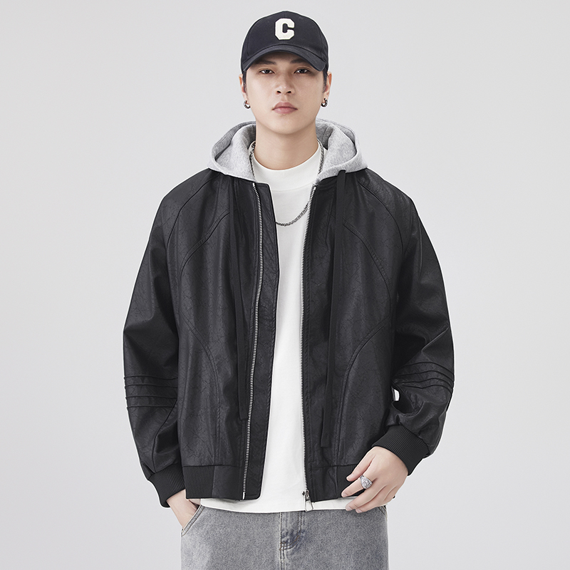 秋季宽松连帽假两件PU皮衣外套男
