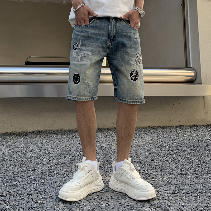 夏季宽松直筒破洞刺绣牛仔短裤男