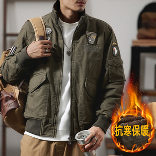 美式复古加绒飞行员夹克男2024秋冬立领加厚保暖机车棒球服外套潮