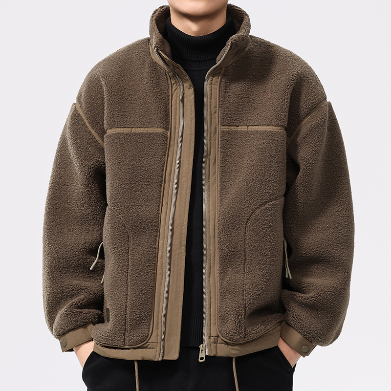 冬季宽松颗粒绒立领棉衣外套男