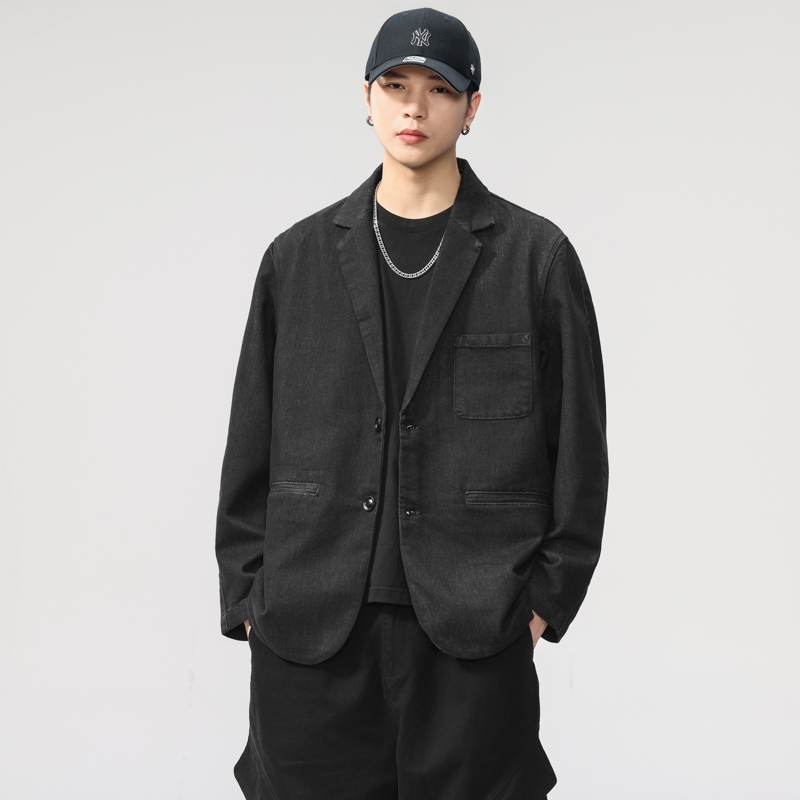 秋冬宽松丹宁水洗牛仔西装外套男