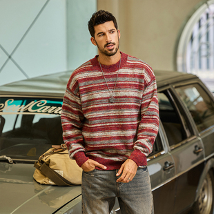 美式复古撞色条纹毛衣男2025秋冬新款宽松慵懒风圆领针织衫上衣潮