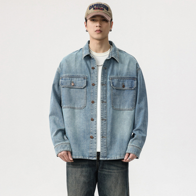 春季莱赛尔长袖工装牛仔衬衫男