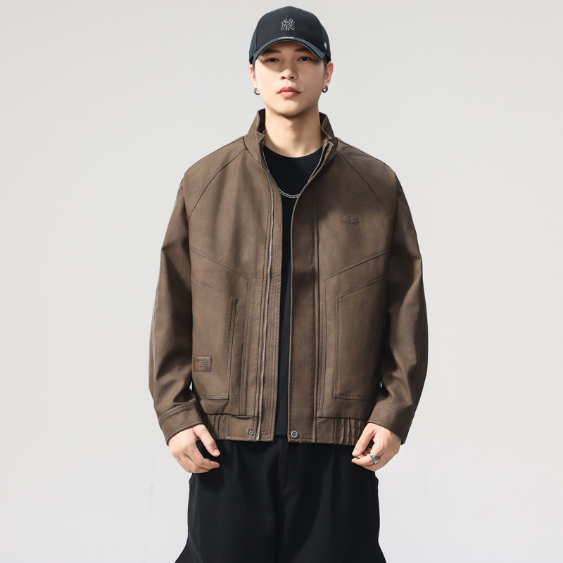 秋季油蜡植鞣皮机车立领夹克男