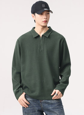华夫格纯色长袖T恤男Polo衫